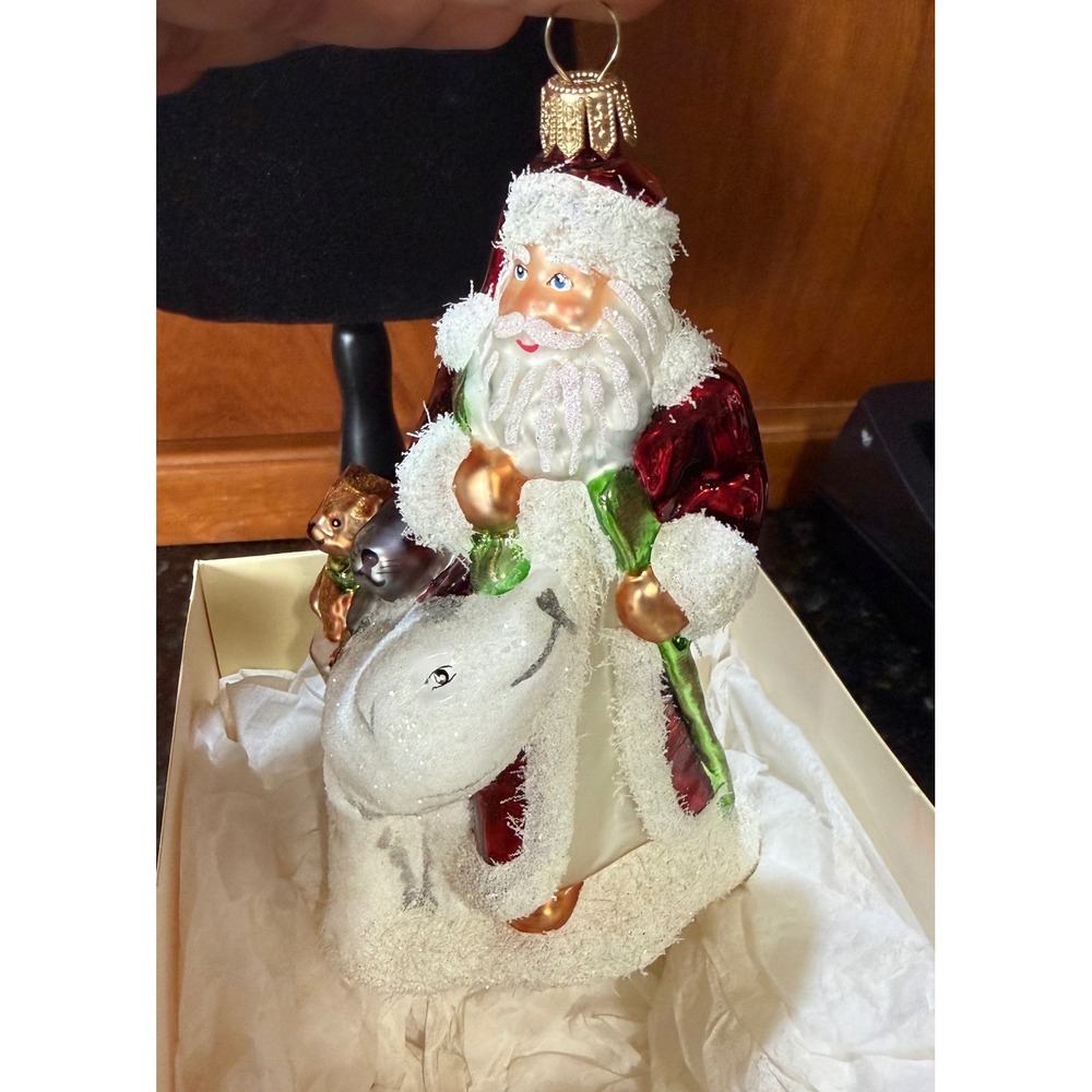 Glassware Art Studio Santa on Polar Bear Glass Christmas Ornament Poland 7.5"